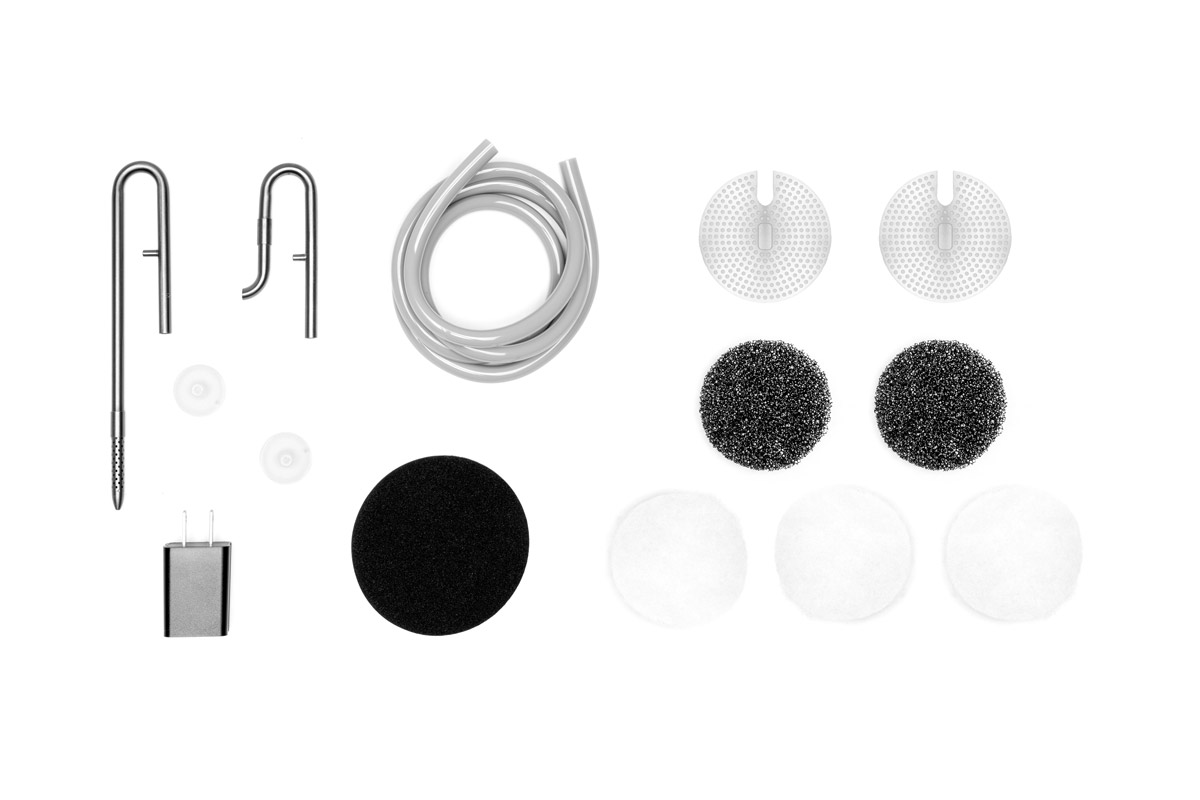 All included components for the 6 oz. Blitz stainless steel canister filter which include inflow pipe, outflow pipe, two suction cups, filter tubing, two black foam sponges, two stainless steel media trays, power plug, and foam stabilizing mat.